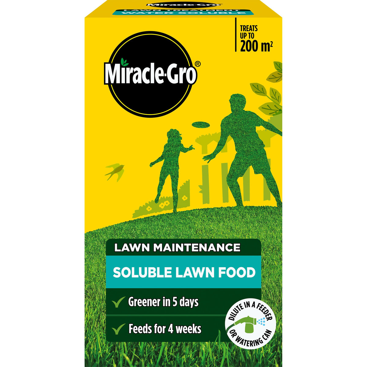 Miracle-Gro envase frontal mostrando etiqueta y beneficios de aplicación rápida