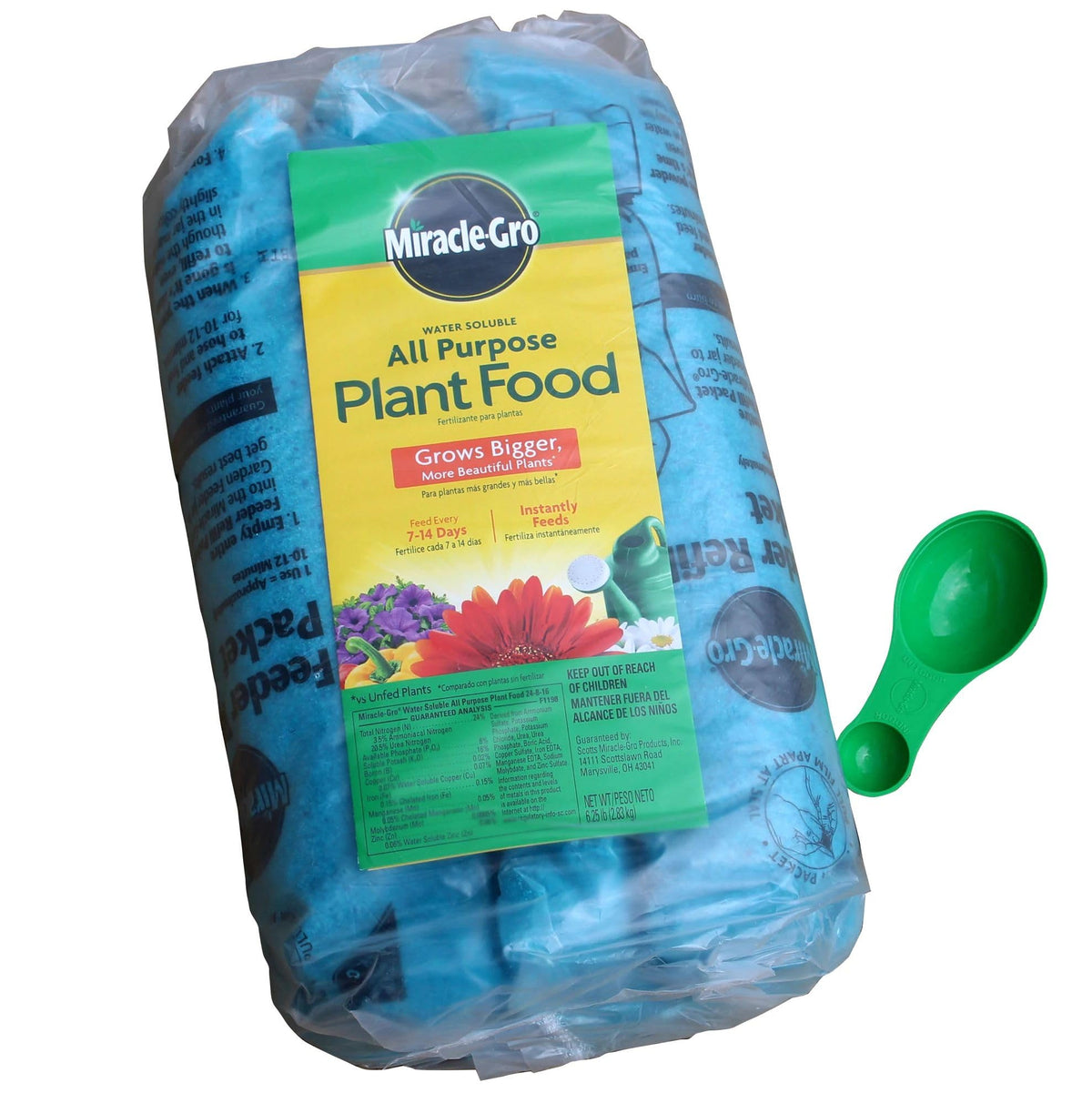 Miracle-Gro envase frontal mostrando etiqueta y peso, ideal para jardineros