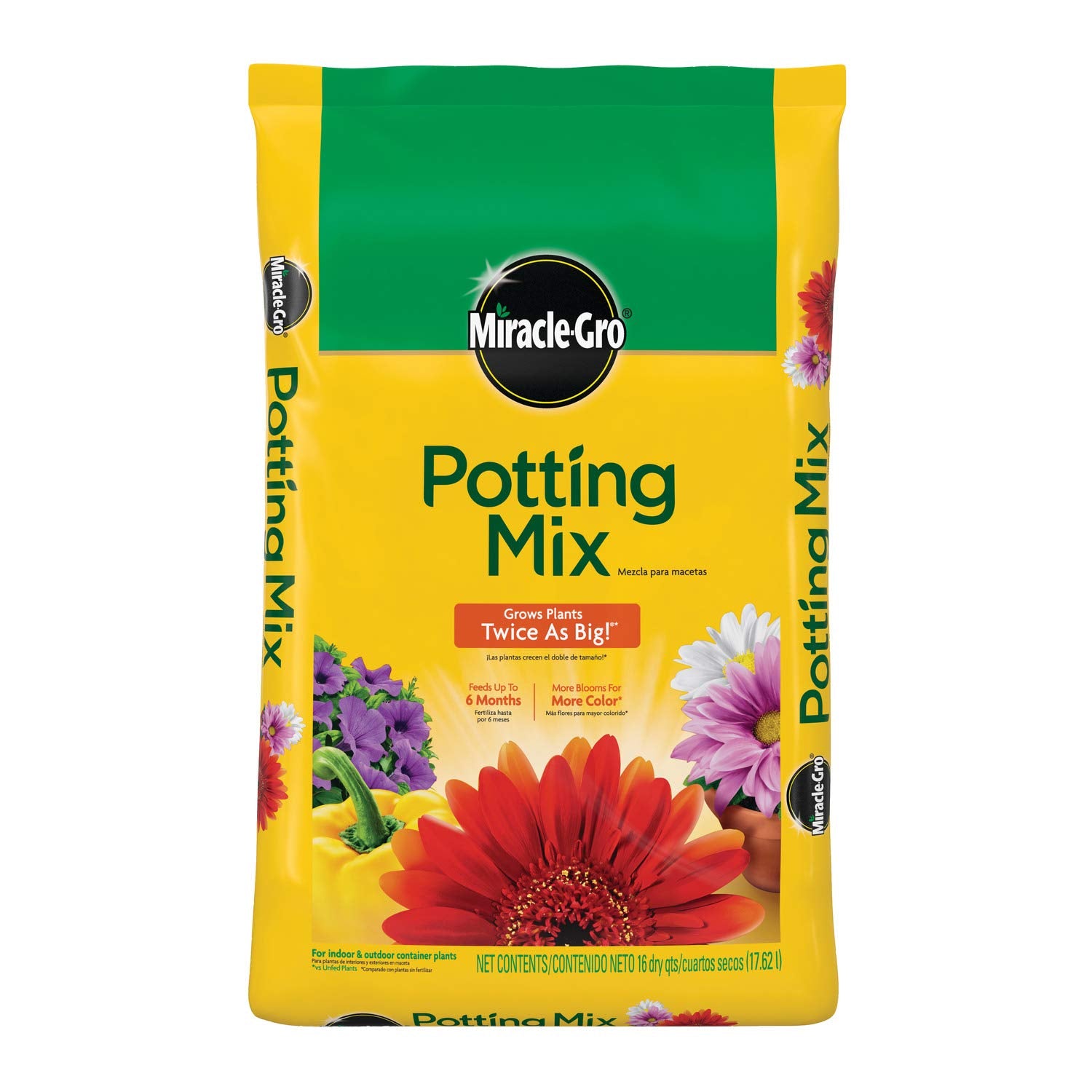 Miracle-Gro empaque frontal mostrando la bolsa y beneficios para macetas