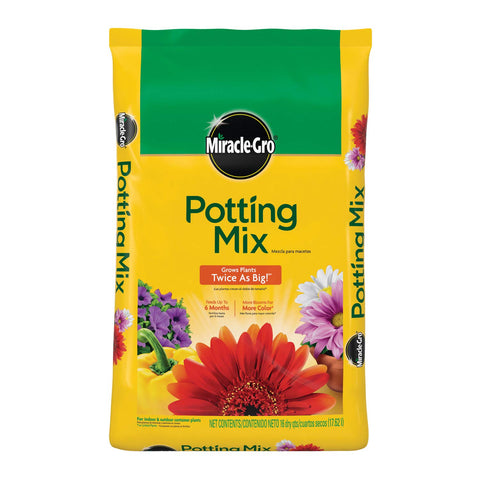 Miracle-Gro empaque frontal mostrando la bolsa y beneficios para macetas