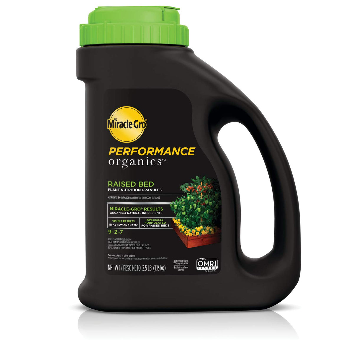 Miracle-Gro paquete frontal mostrando 2.5 lb y fácil aplicación