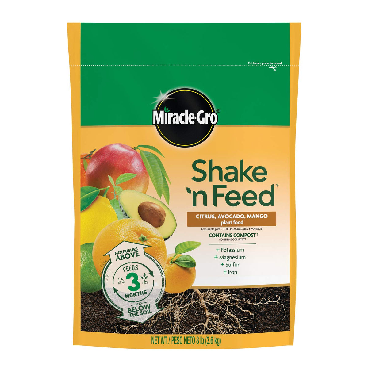 Miracle-Gro bolsa frontal 8 lb mostrando la fórmula para cítricos, beneficio practicidad