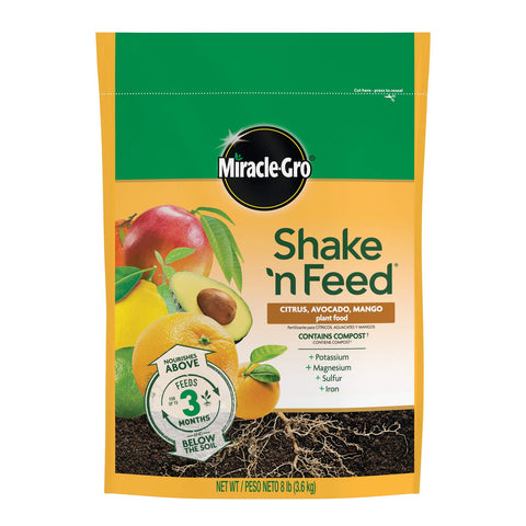 Miracle-Gro bolsa frontal 8 lb mostrando la fórmula para cítricos, beneficio practicidad