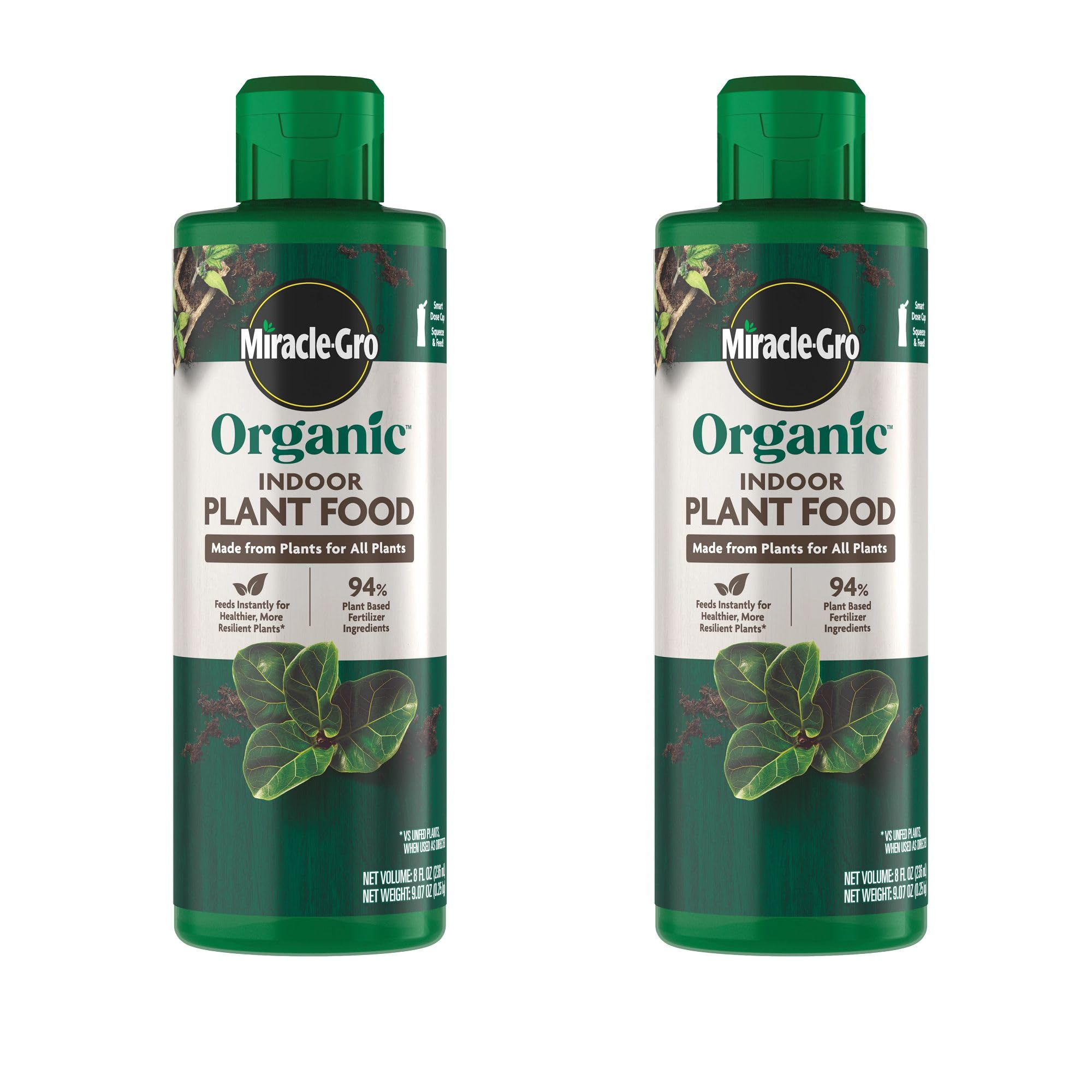 Miracle-Gro frontal del paquete mostrando las dos botellas y beneficios