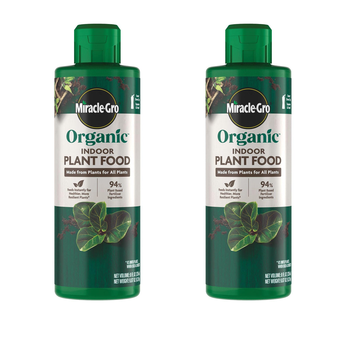 Miracle-Gro frontal del paquete mostrando las dos botellas y beneficios