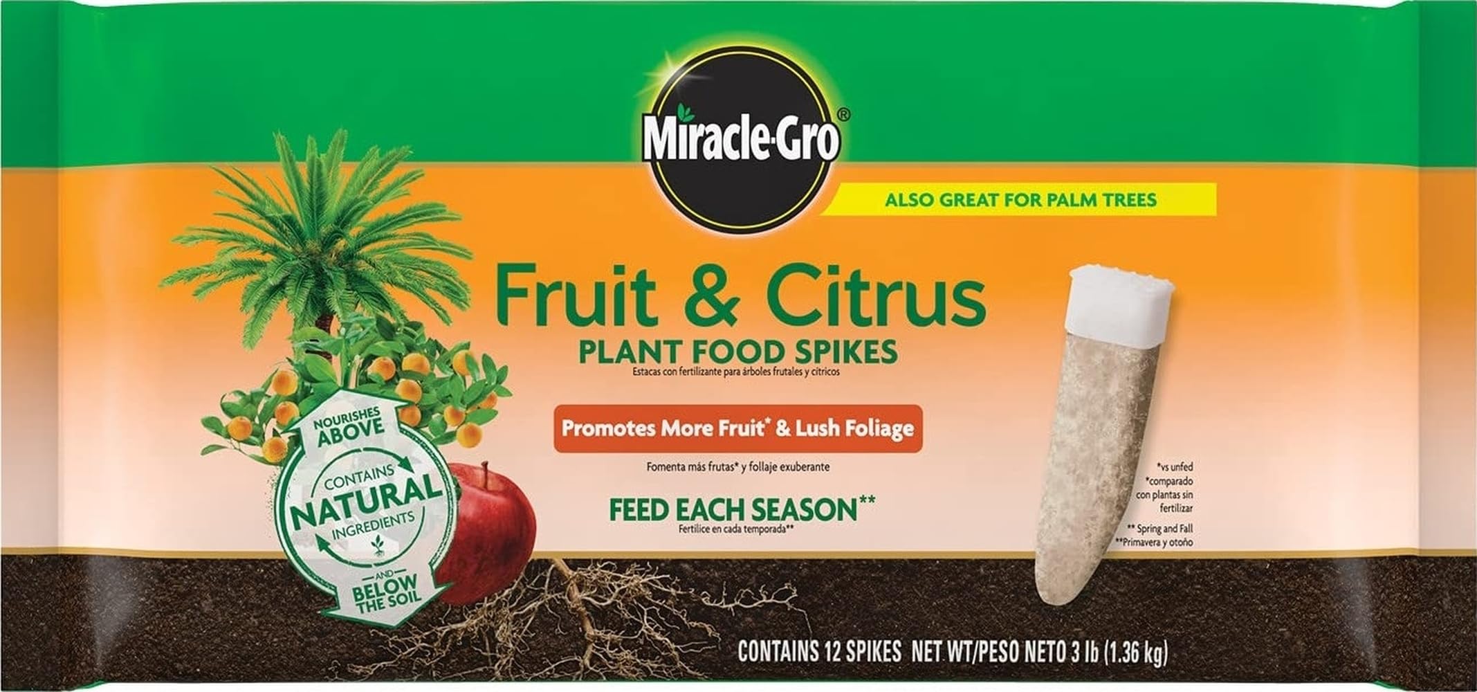Miracle-Gro envase frontal mostrando 12 clavijas y beneficio alimentación focalizada