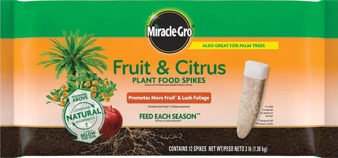 Miracle-Gro envase frontal mostrando 12 clavijas y beneficio alimentación focalizada