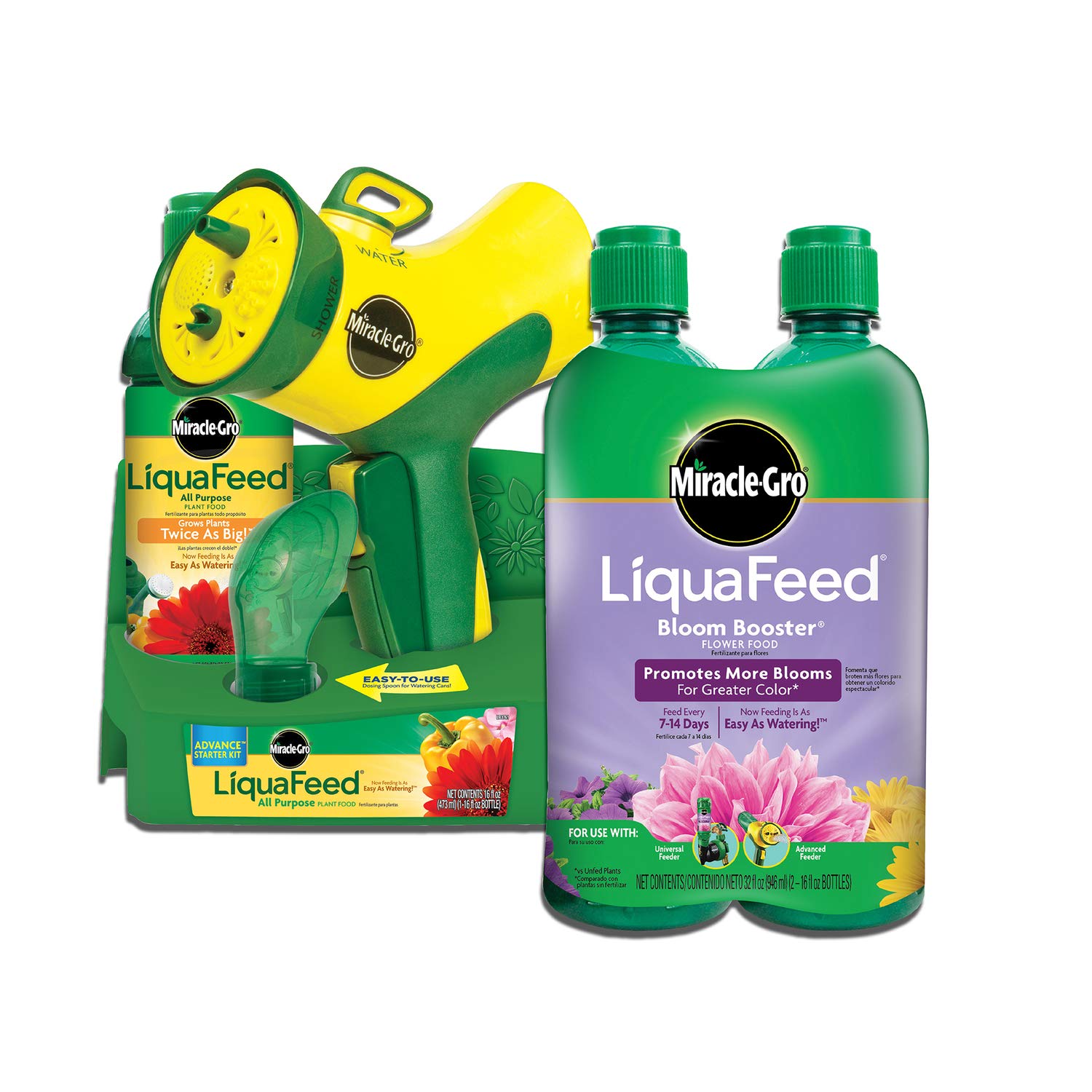 Miracle-Gro presentación frontal del kit mostrando frascos y alimentador, facilita la alimentación