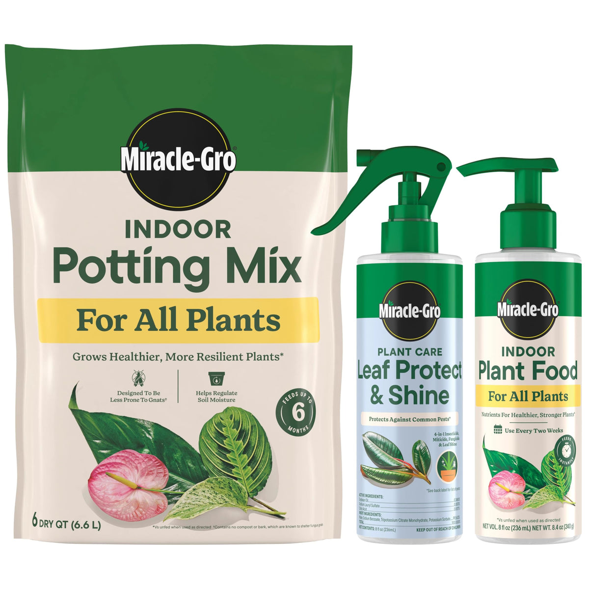 Miracle-Gro paquete frontal mostrando sustrato, alimento y spray beneficioso