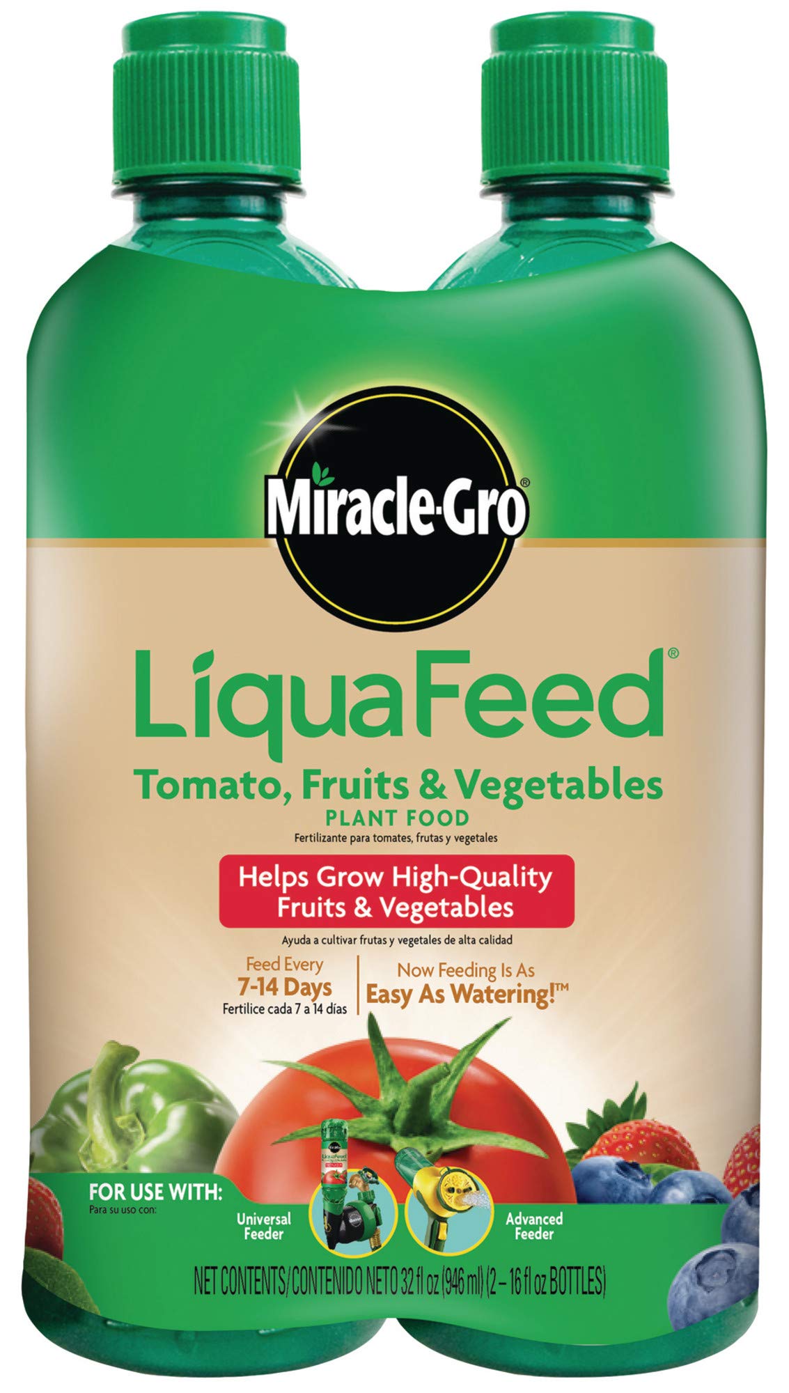 Miracle-Gro vista frontal del pack mostrando dos botellas y etiqueta clara