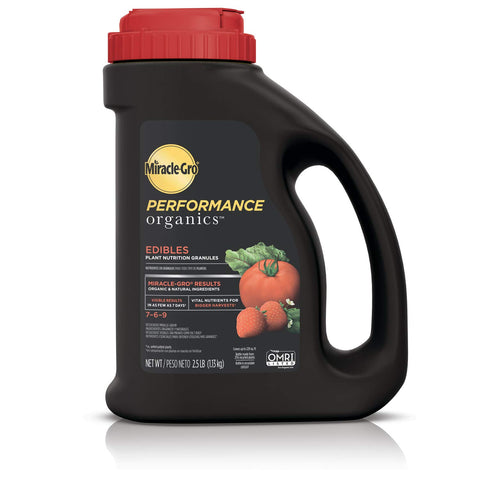Miracle-Gro envase frontal mostrando el producto y beneficios para cosechas