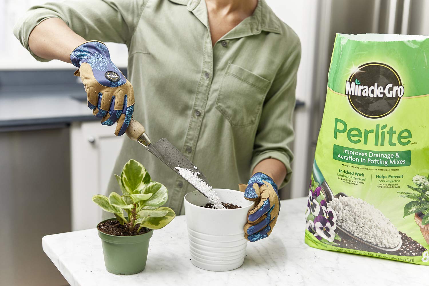 Miracle-Gro perlite junto a una regla para comparar tamaño y volumen