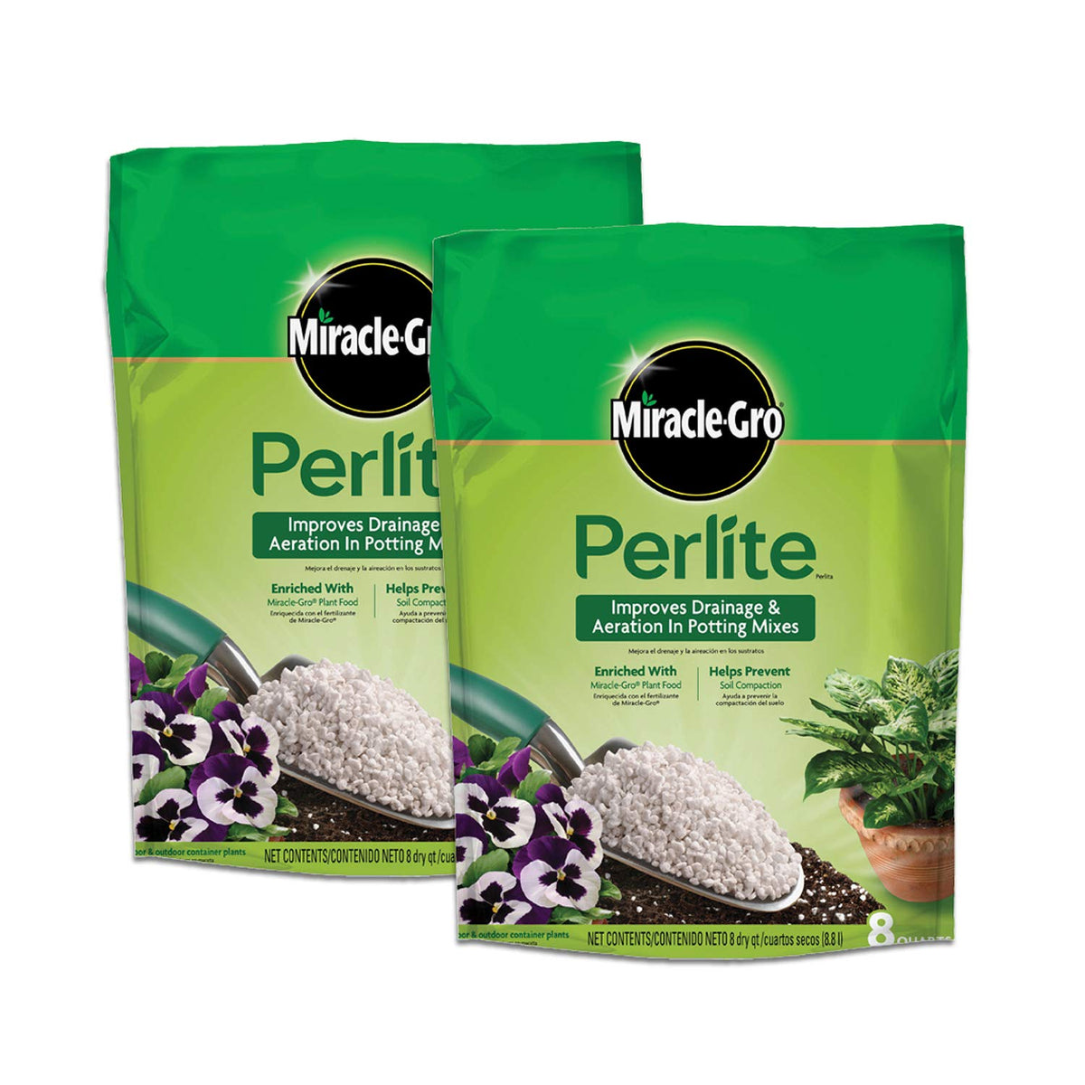 Miracle-Gro perlite frente del empaque mostrando dos bolsas y volumen