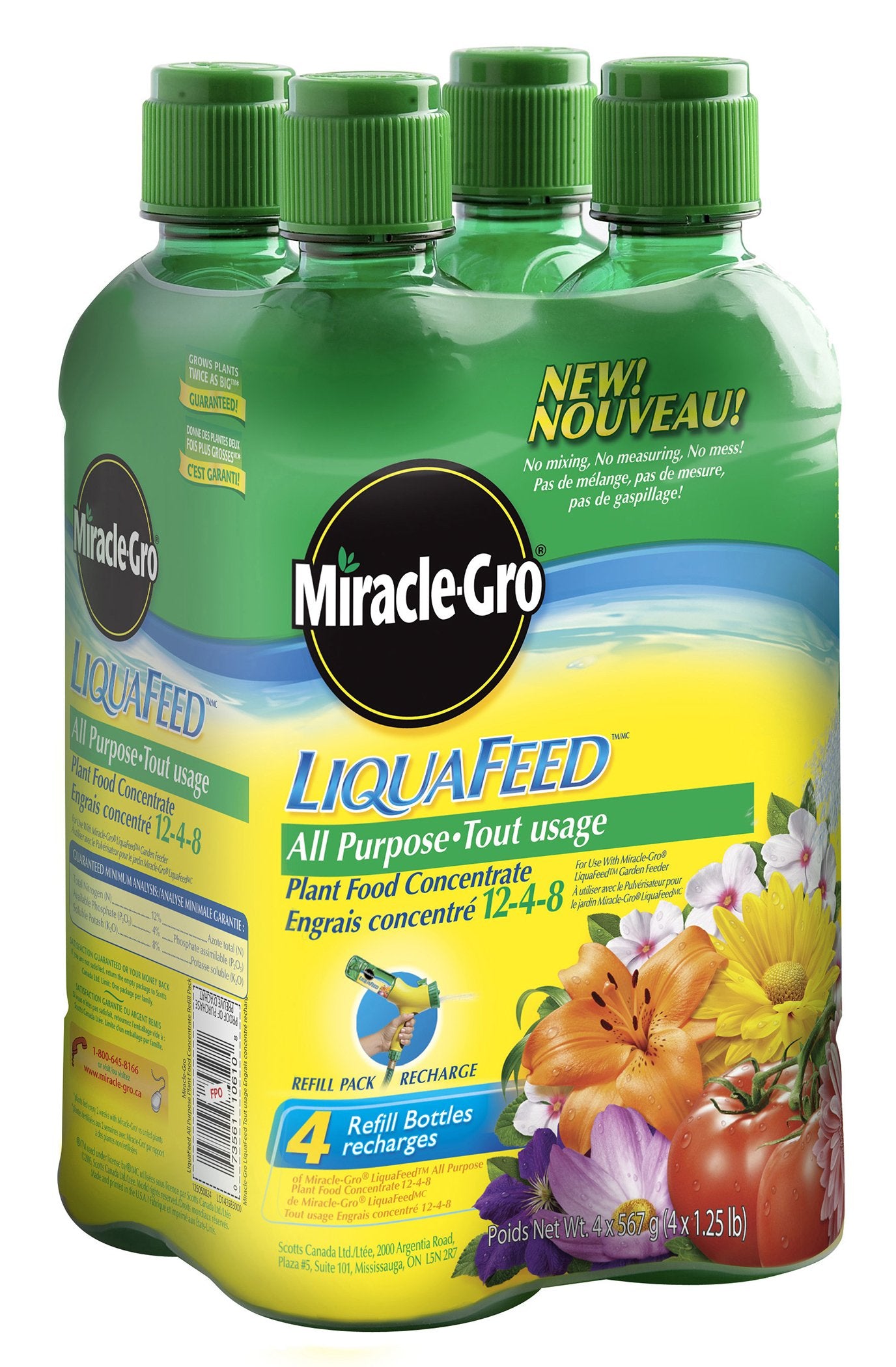 Miracle-Gro recarga frontal mostrando etiqueta y conveniencia para riego fácil