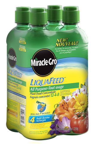 Miracle-Gro recarga frontal mostrando etiqueta y conveniencia para riego fácil