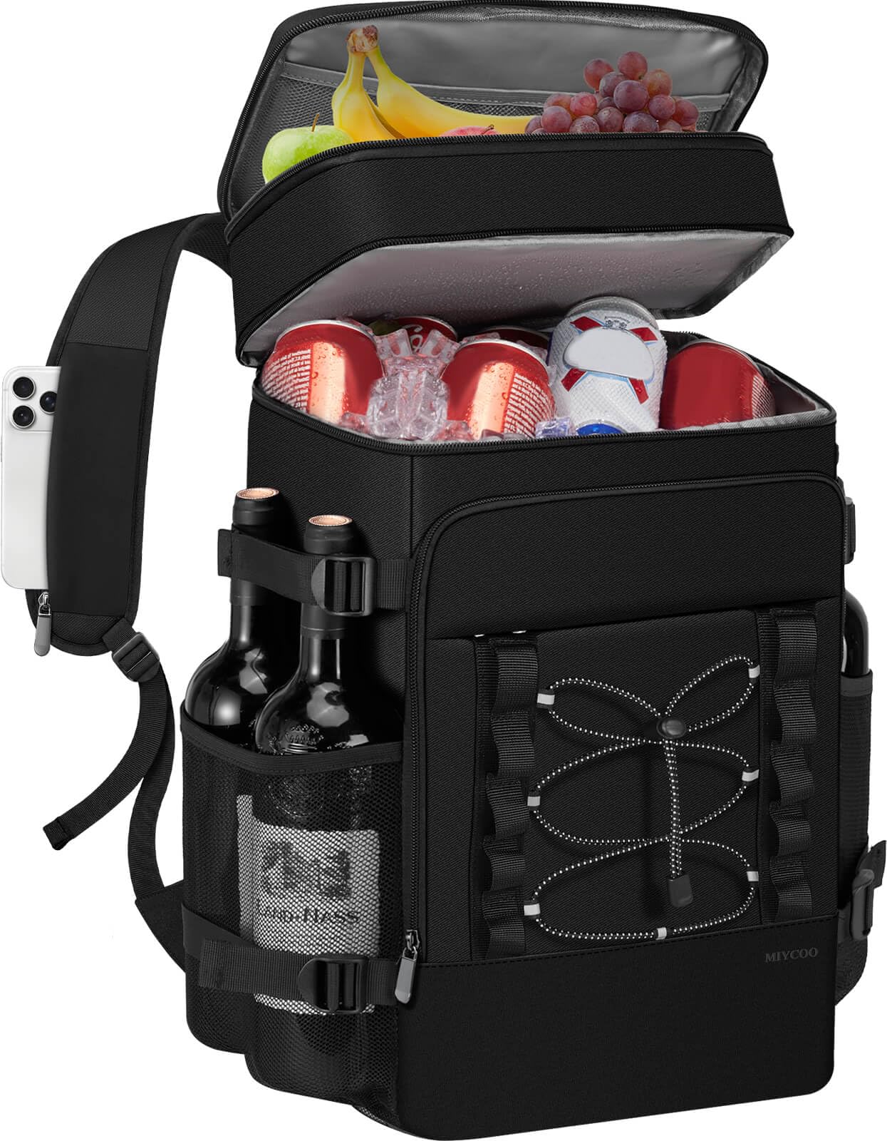 MIYCOO vista frontal de la mochila nevera con capacidad para 40 latas y organización