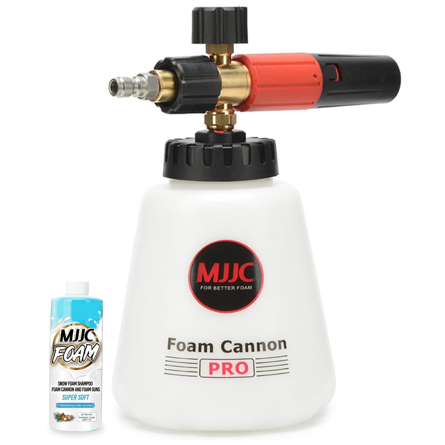 MJJC Foam Cannon Pro V2.0 vista frontal con botella grande y cierre seguro