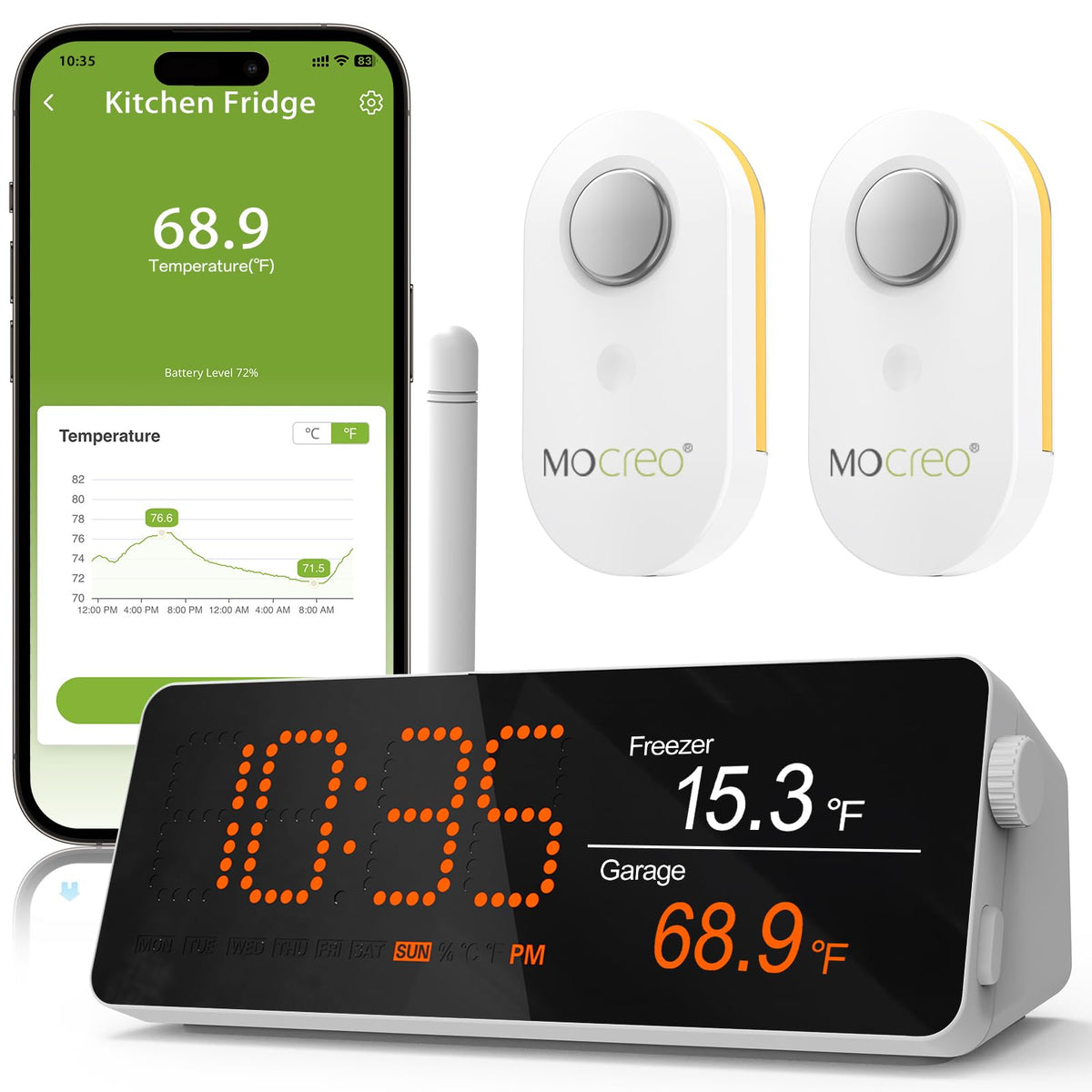 MOCREO hub H5Pro frontal mostrando pantalla y alarmas para control remoto