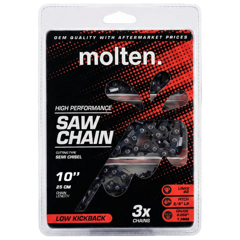 Molten paquete frontal mostrando las tres cadenas de 10 pulgadas como repuesto