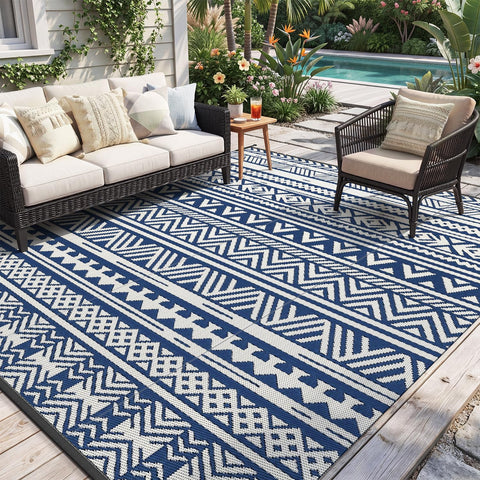 MontVoo alfombra exterior frontal mostrando diseño boho navy blue y protección