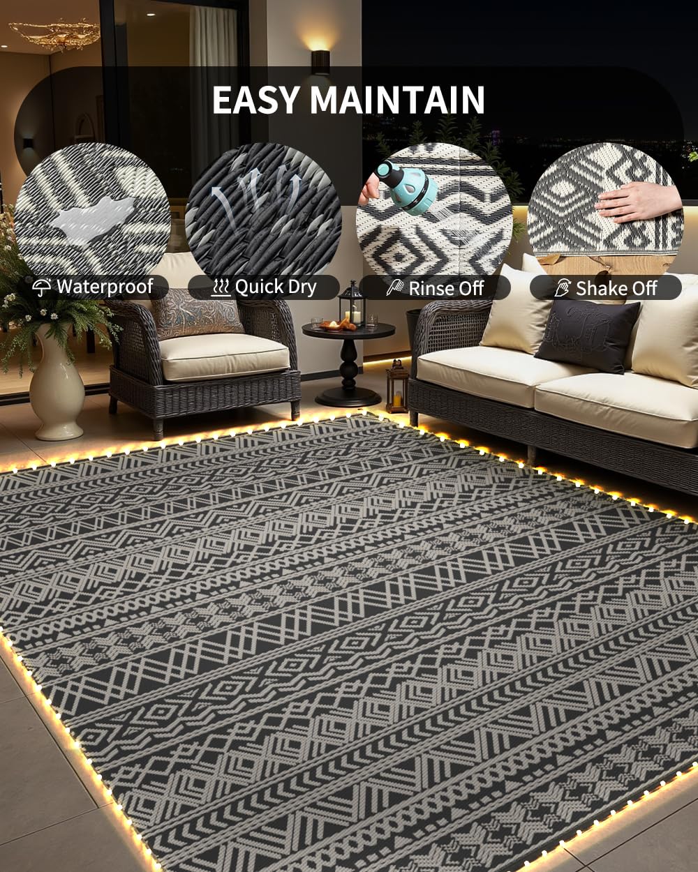 MontVoo alfombra con mesa en patio mostrando estilo y funcionalidad