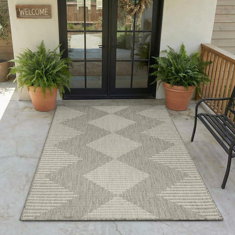 MontVoo vista frontal del empaque y la alfombra mostrando patrón boho y tamaño 3x5