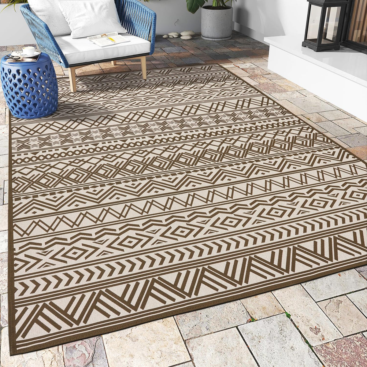MontVoo vista frontal de la alfombra marrón, estilo boho y resistente