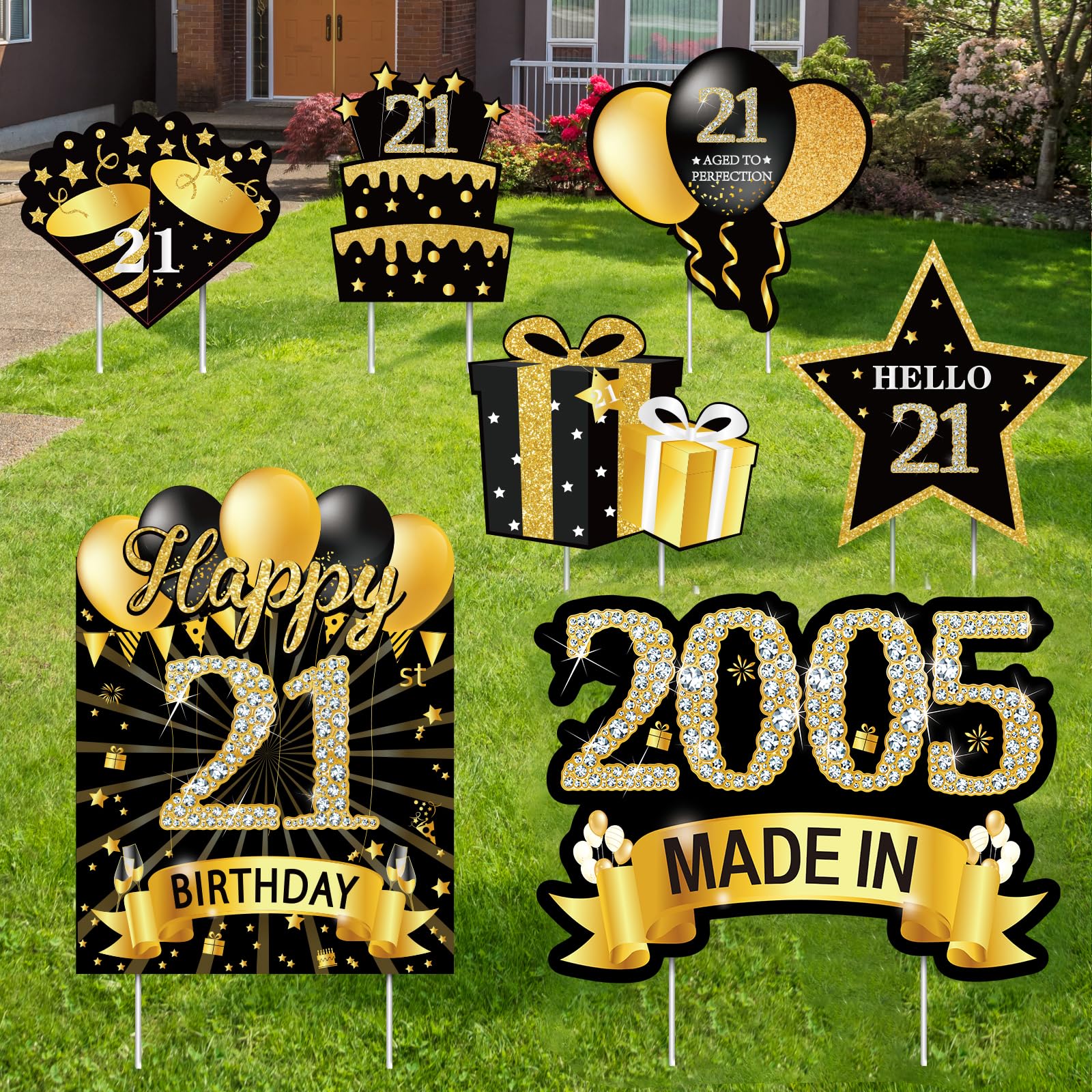 MOORAY cartel frontal 21 cumpleaños mostrando diseño negro y dorado elegante