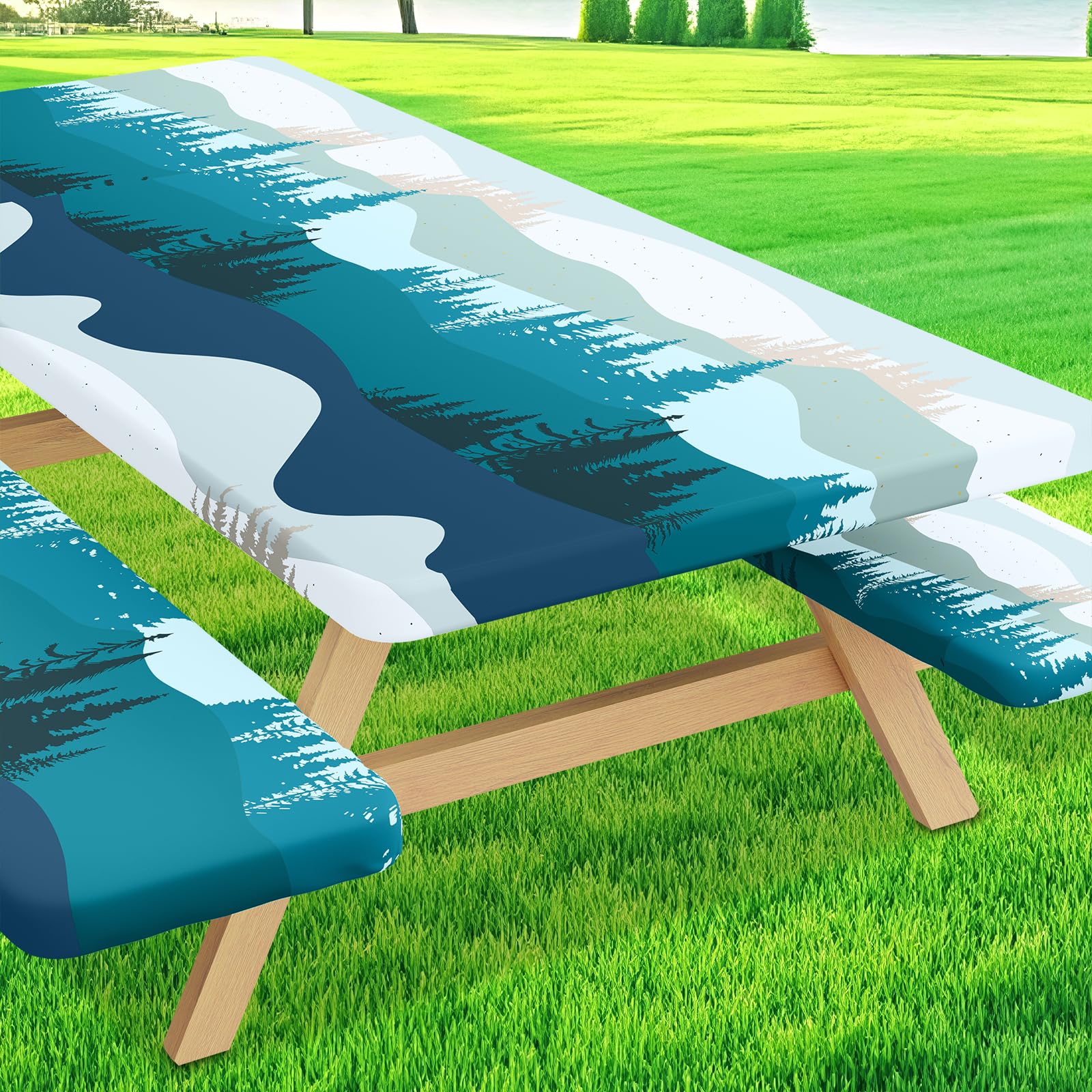 Moosfor vista frontal del mantel y fundas muestra ajuste elegante