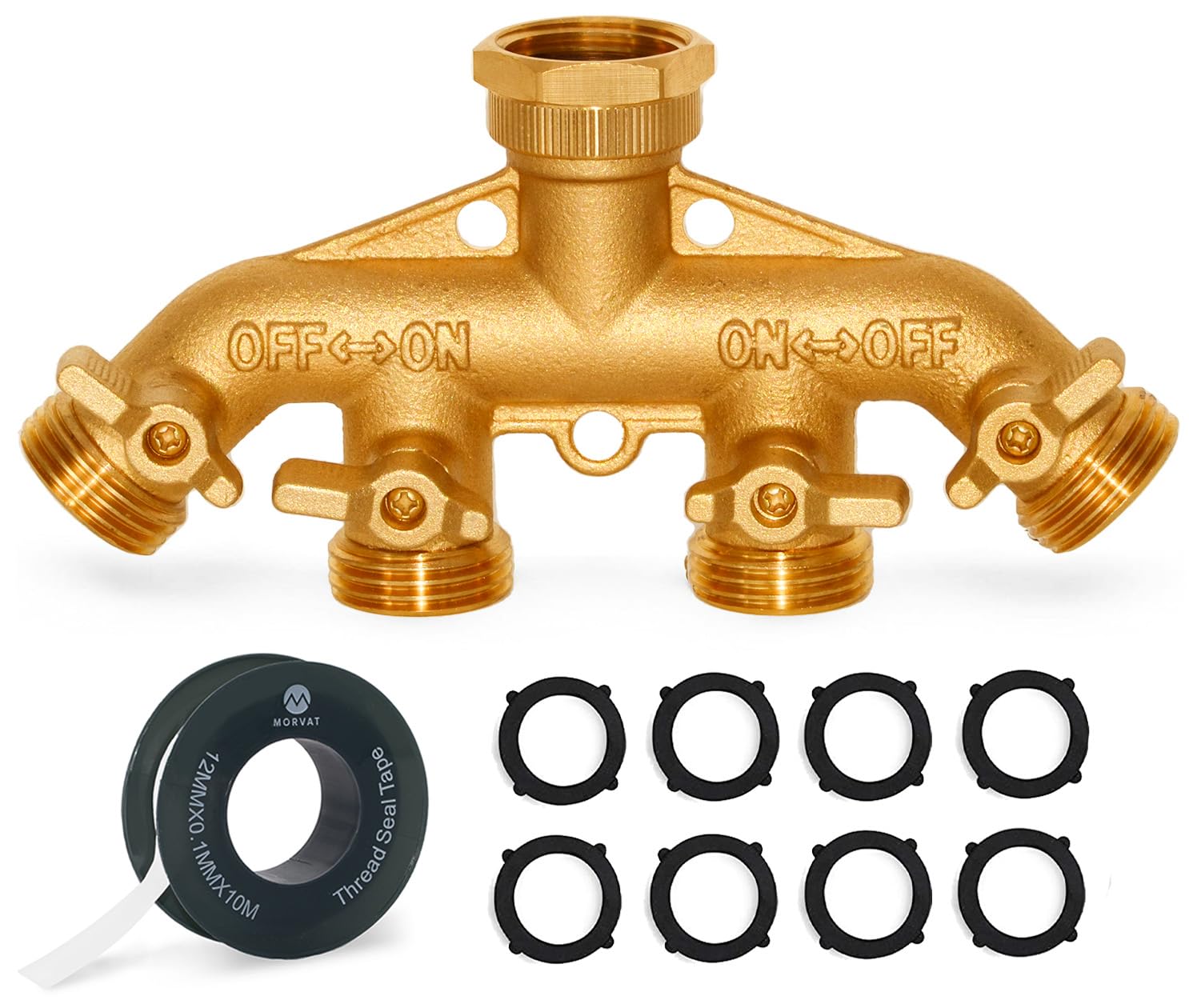 Morvat Brass frontal del conector 4 vías mostrando salidas y roscas, durabilidad visible