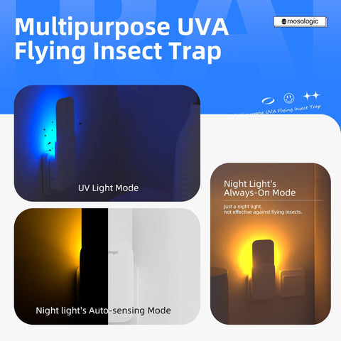 mosalogic luz UV encendida atrayendo insectos, beneficio de captura silenciosa