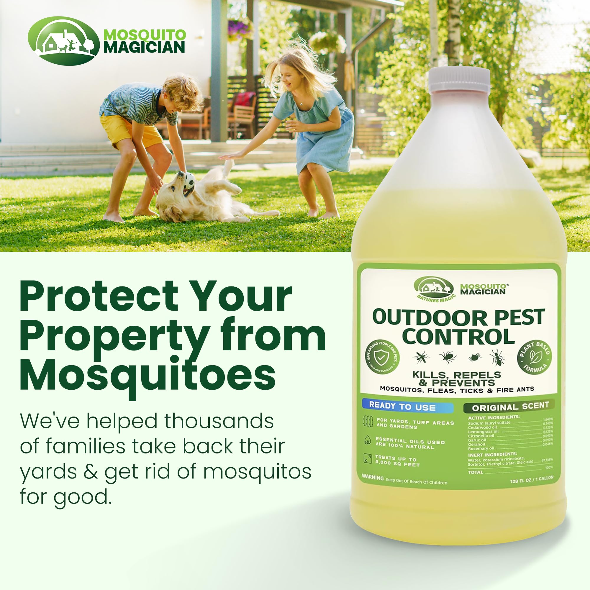 Mosquito Magician comparación de tamaño del envase frente a una manguera de jardín