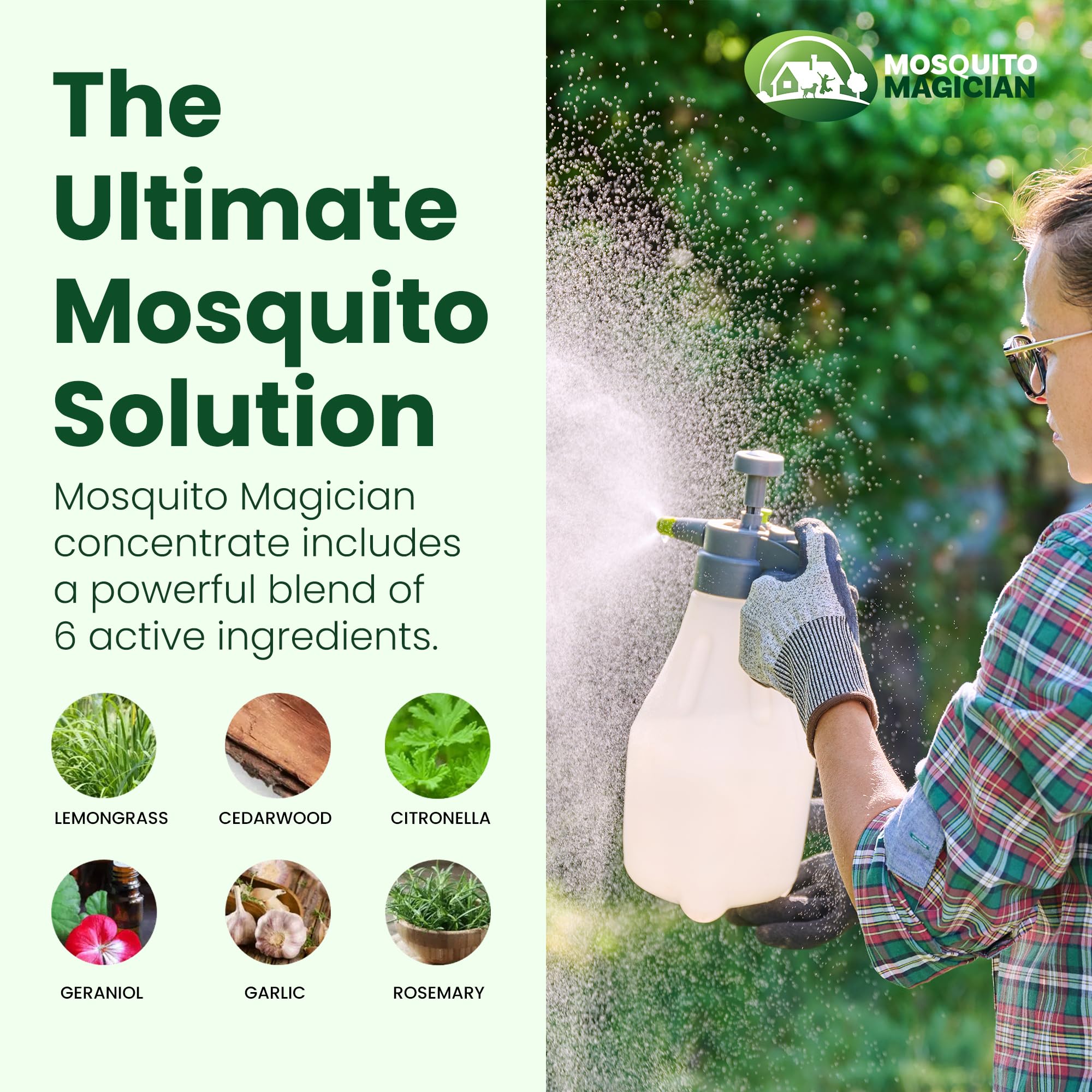 Mosquito Magician en uso con pulverizador de mochila protegiendo el patio