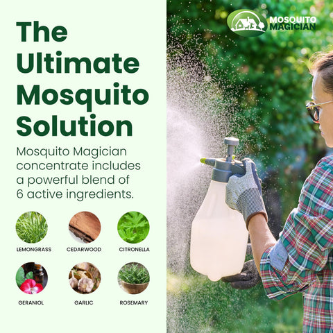 Mosquito Magician en uso con pulverizador de mochila protegiendo el patio
