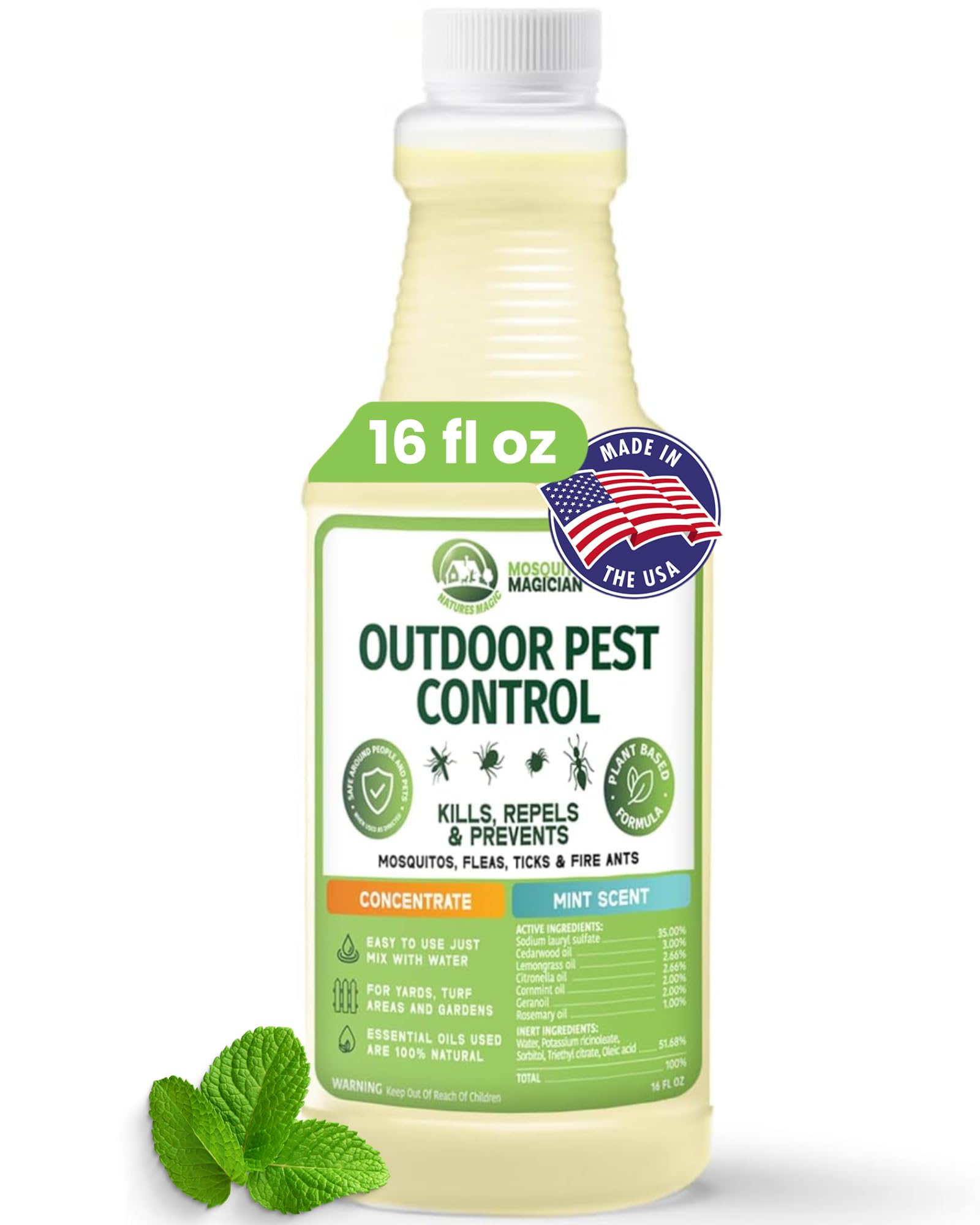 Mosquito Magician envase frontal 16 oz mostrando capacidad y marca, protección eficiente