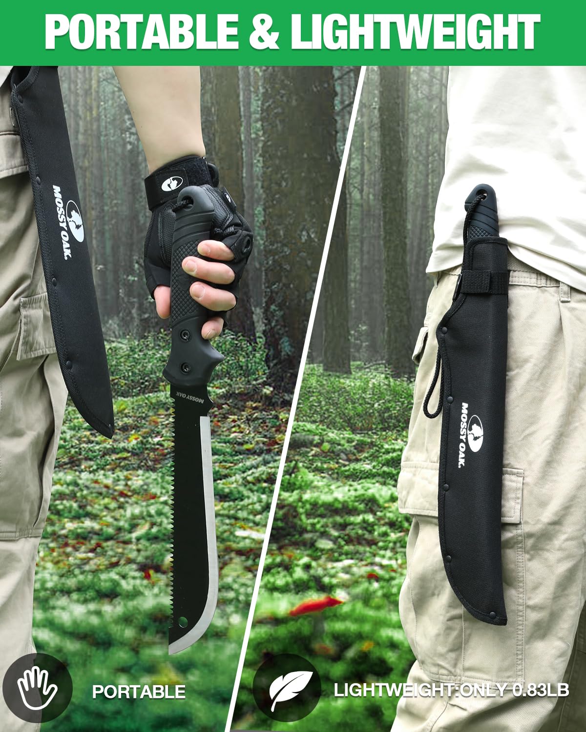 Mossy Oak machete dentro de funda Oxford para transporte seguro