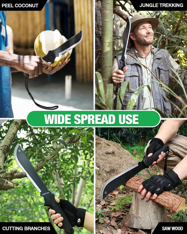 Mossy Oak machete junto a regla mostrando tamaño y escala