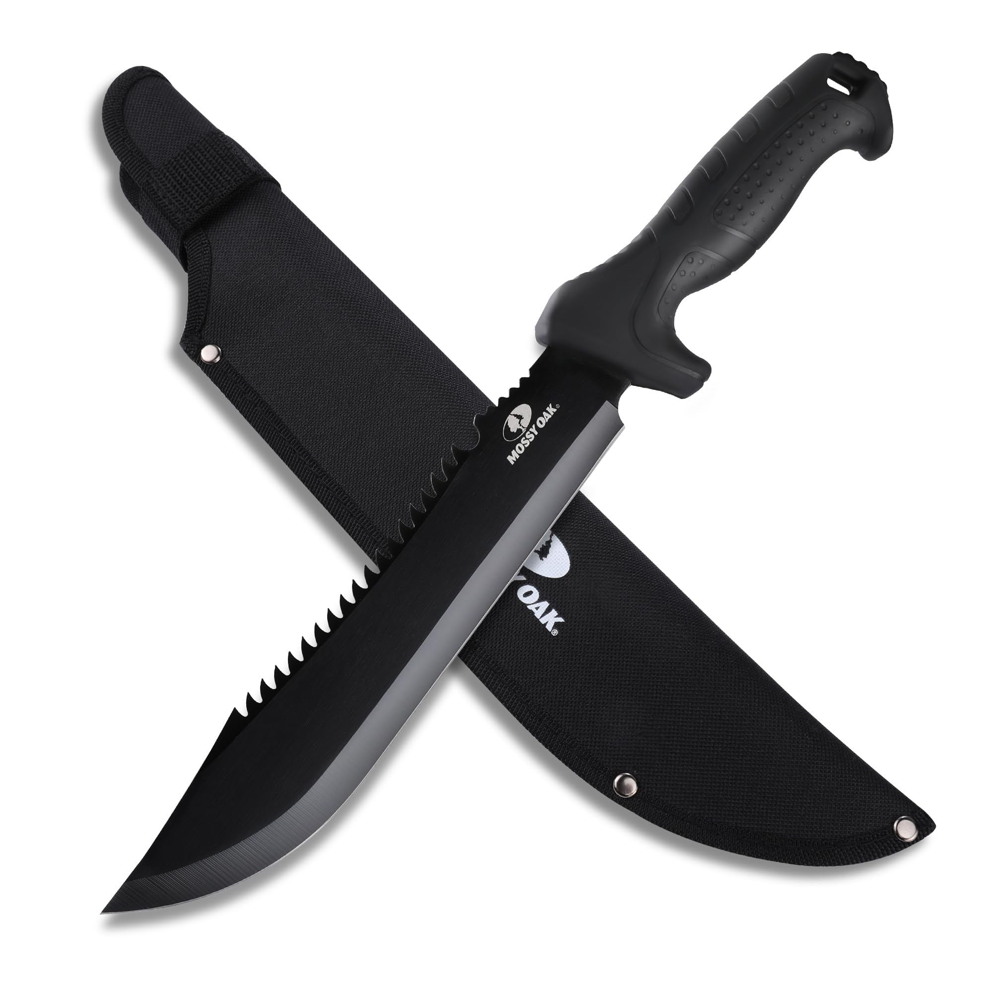 Mossy Oak machete frontal mostrando hoja completa y beneficio de corte