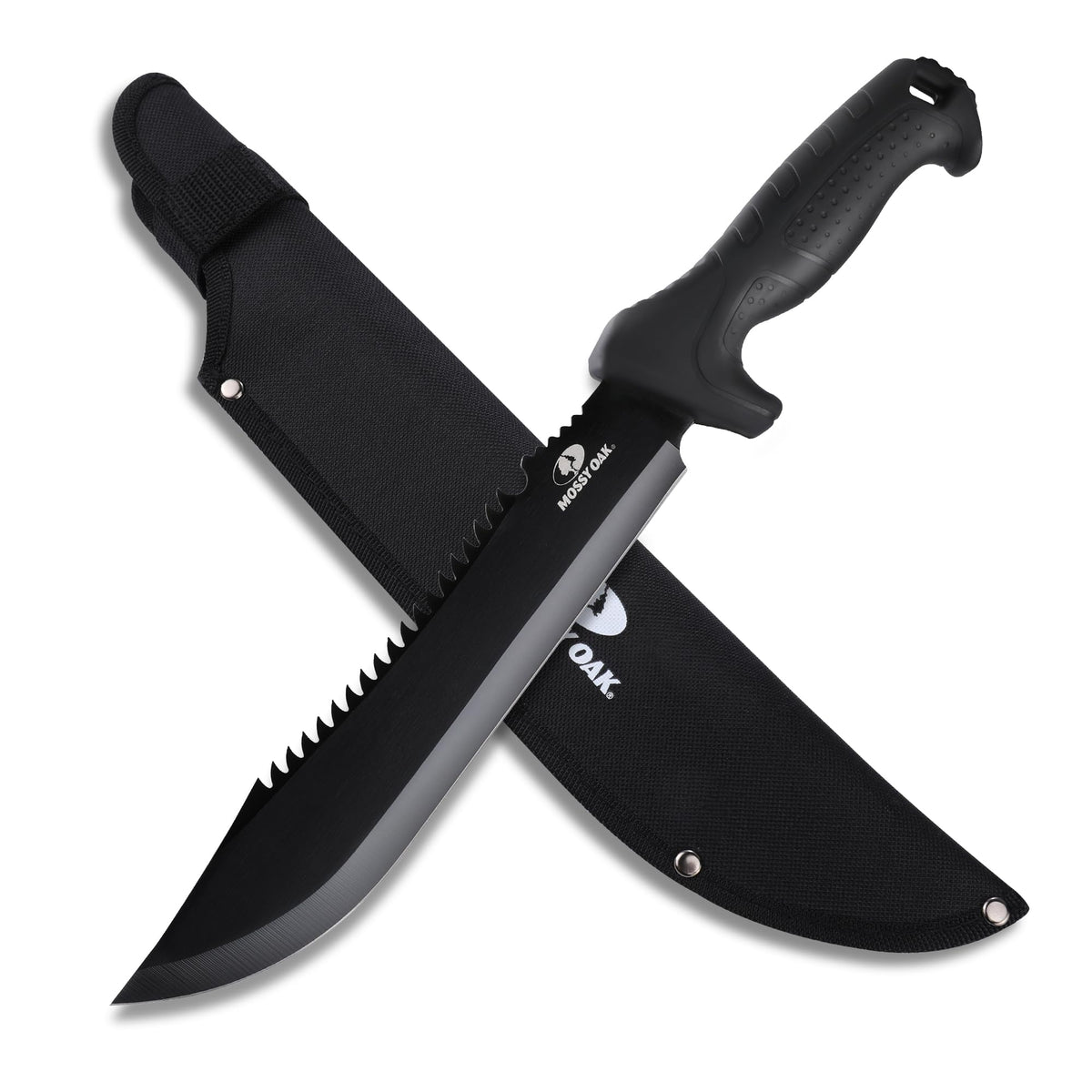 Mossy Oak machete frontal mostrando hoja completa y beneficio de corte