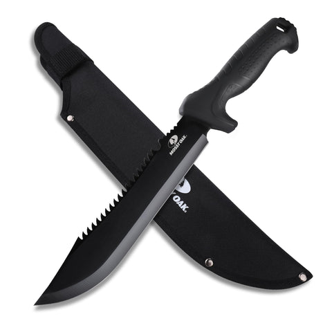 Mossy Oak machete frontal mostrando hoja completa y beneficio de corte