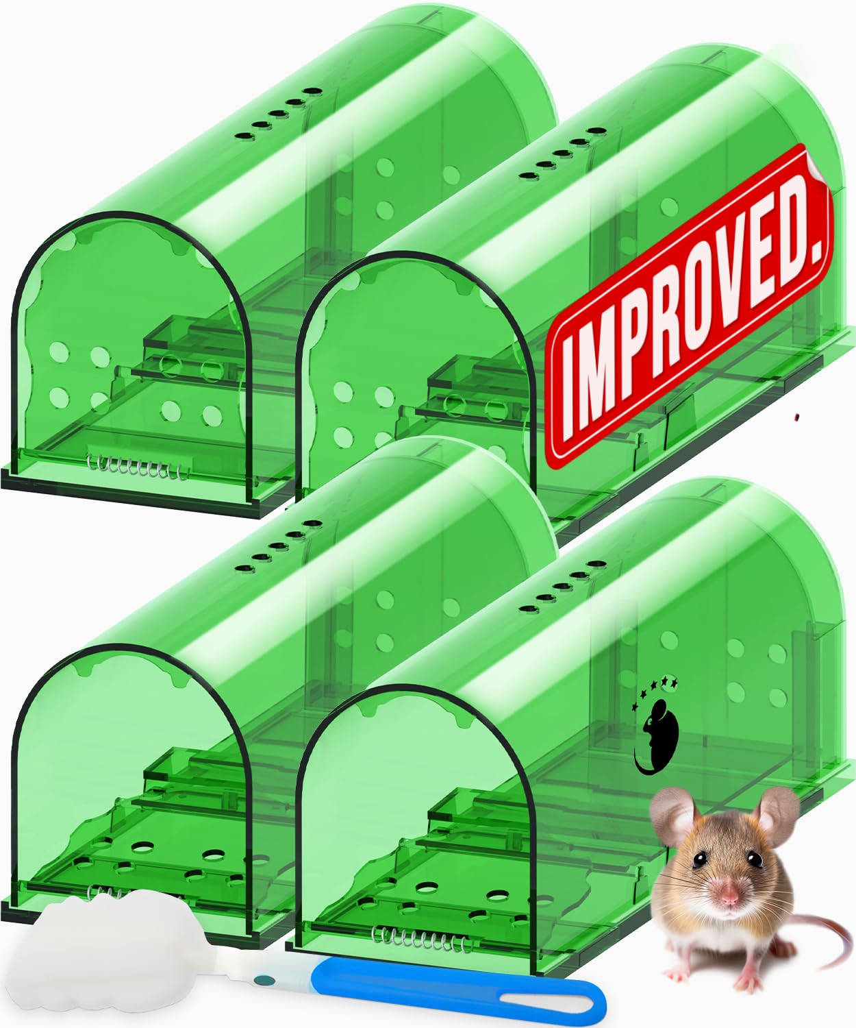 Motel Mouse vista frontal del empaque mostrando las cuatro trampas y beneficios