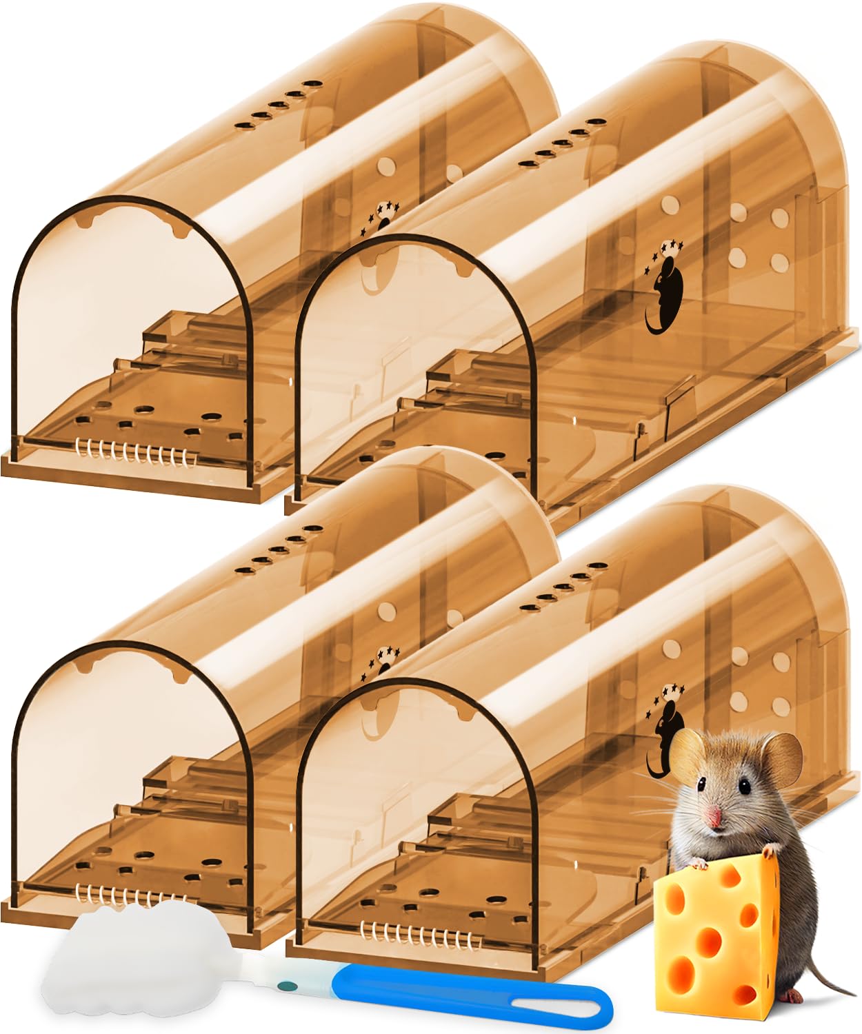 Motel Mouse paquete frontal de 4 trampas mostrando diseño reutilizable y control ético