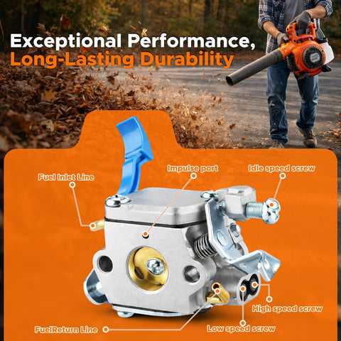 MOTOALL carburador instalado en soplador Husqvarna demostrando ajuste preciso