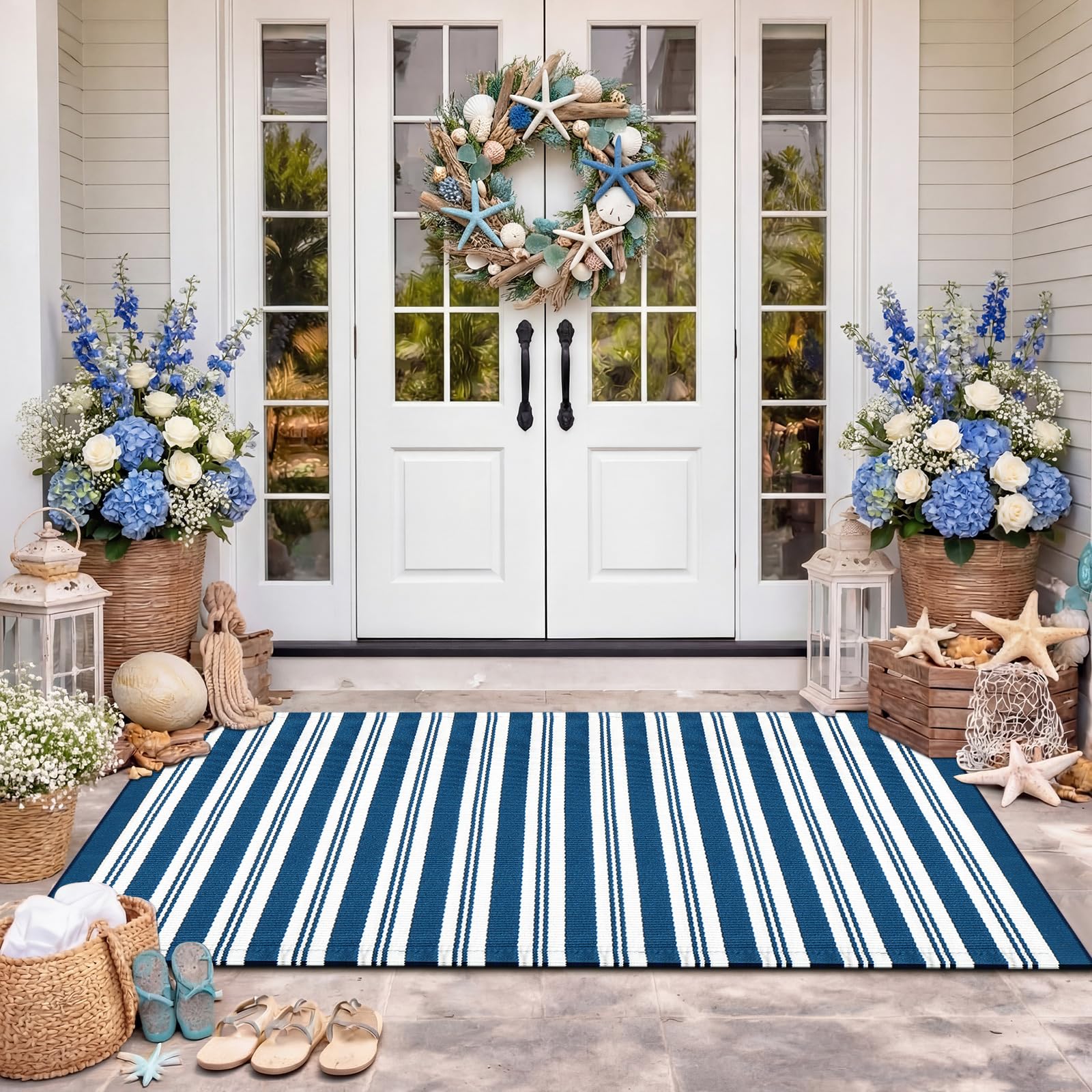 Moucuny alfombra frontal 3x5 mostrando rayas azul y blanco, mejora la entrada