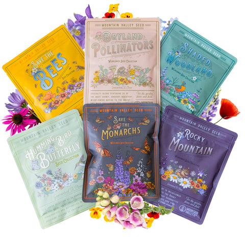 Mountain Valley Seed Company empaque frontal mostrando mezclas y beneficios para polinizadores