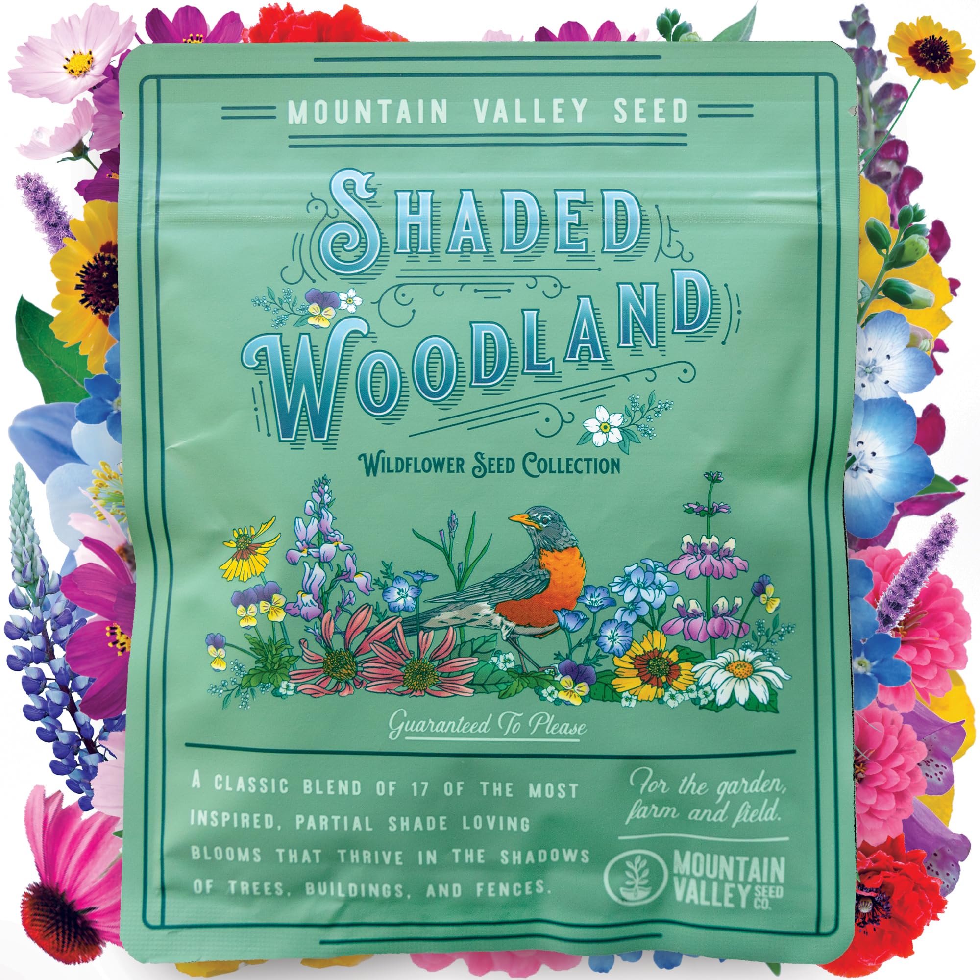 Mountain Valley Seed Co paquete frontal mostrando la mezcla y beneficios
