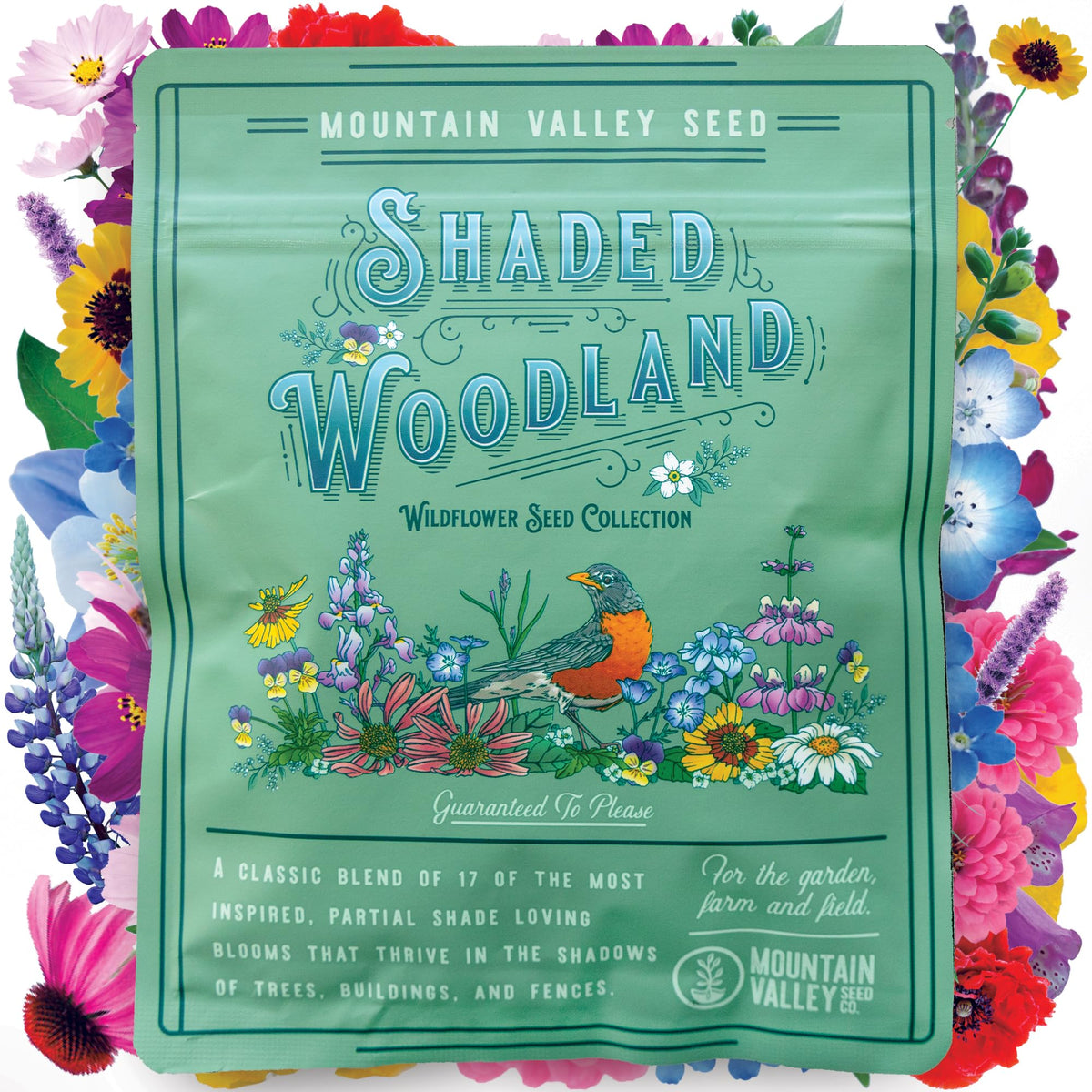 Mountain Valley Seed Co paquete frontal mostrando la mezcla y beneficios