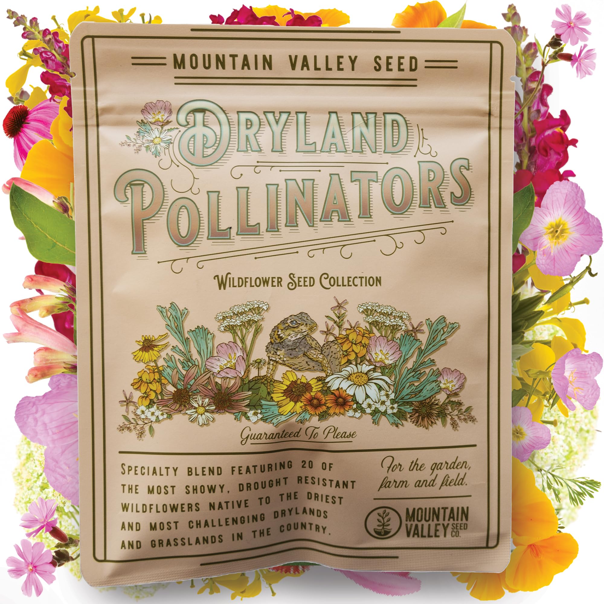 Mountain Valley Seed Company paquete frontal resellable que muestra la mezcla Dryland