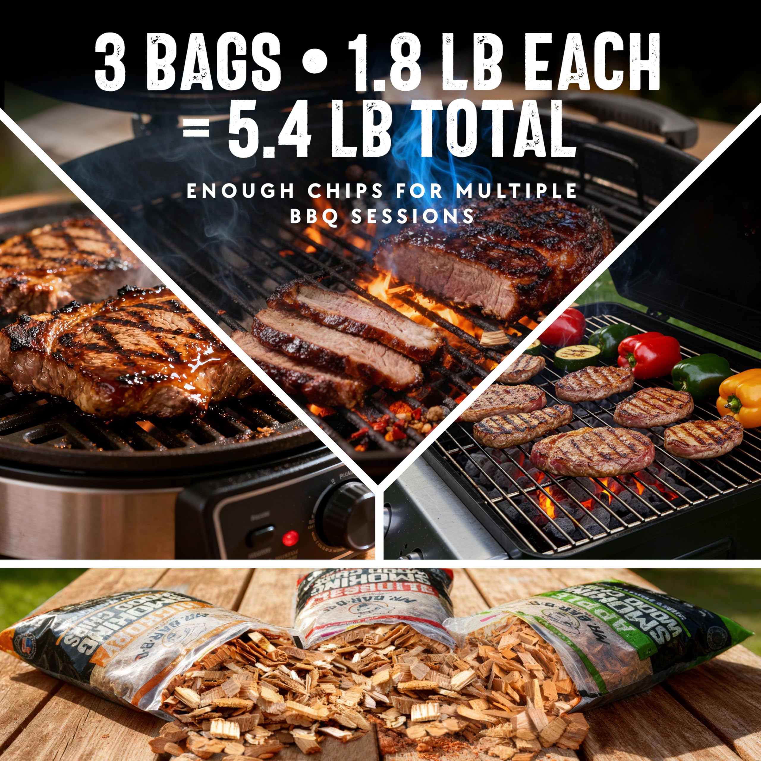 Mr. Bar-B-Q bolsa Mesquite en mano destacando humo intenso y terroso