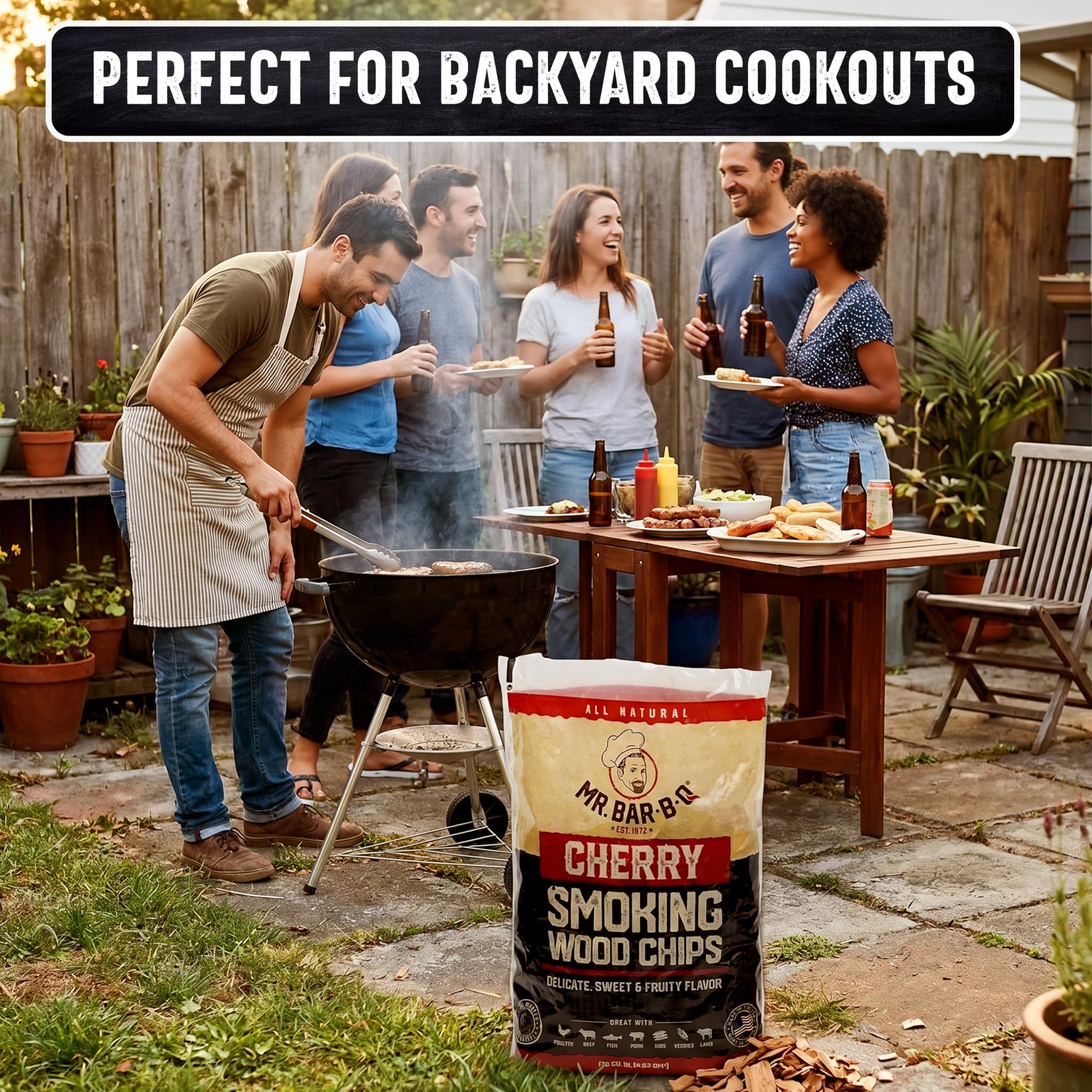 Mr. Bar-B-Q etiqueta de la bolsa con marca y origen 100% natural visible